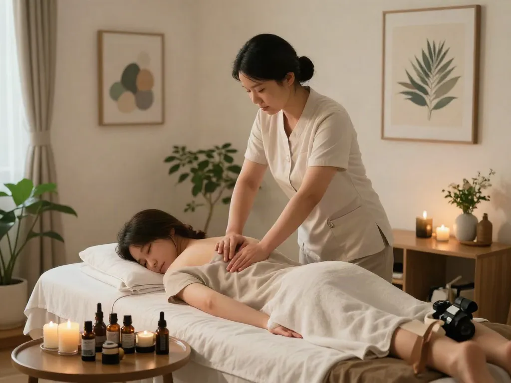 Professional providing 경기도출장안마 in a calm home environment with soothing decor and massage essentials