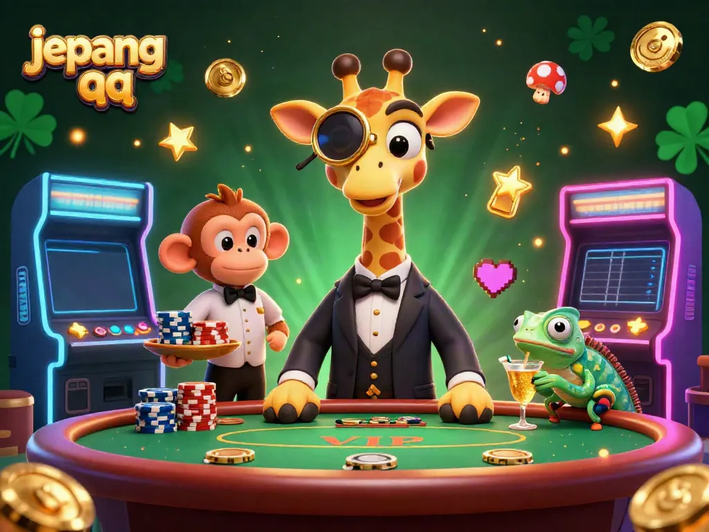 Gambarkan momen seru di jepang qq dengan giraffe bertugas di meja poker, dikelilingi chip dan permainan.