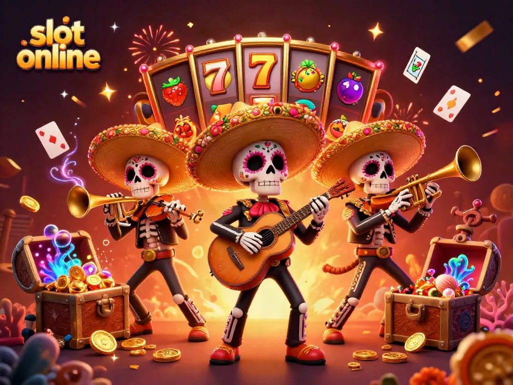 Slot online penuh warna dengan karakter mariachi dan elemen permainan kasino yang menarik