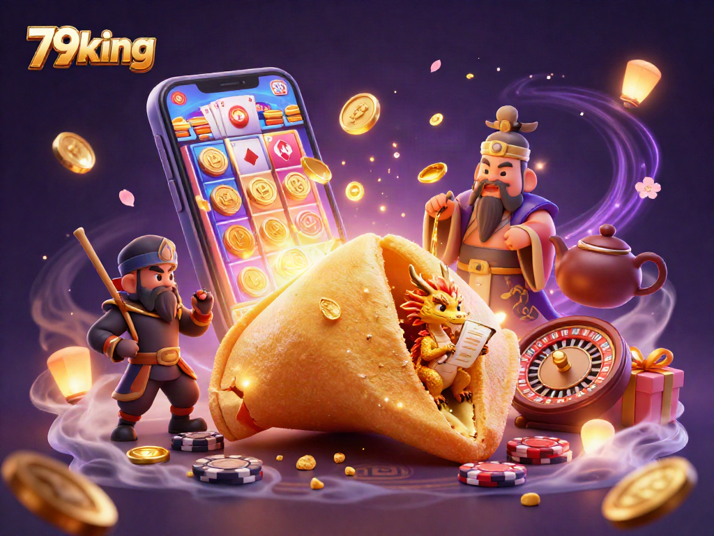 Engage with 79king's vibrant casino experience featuring a golden fortune cookie and dynamic gaming elements.