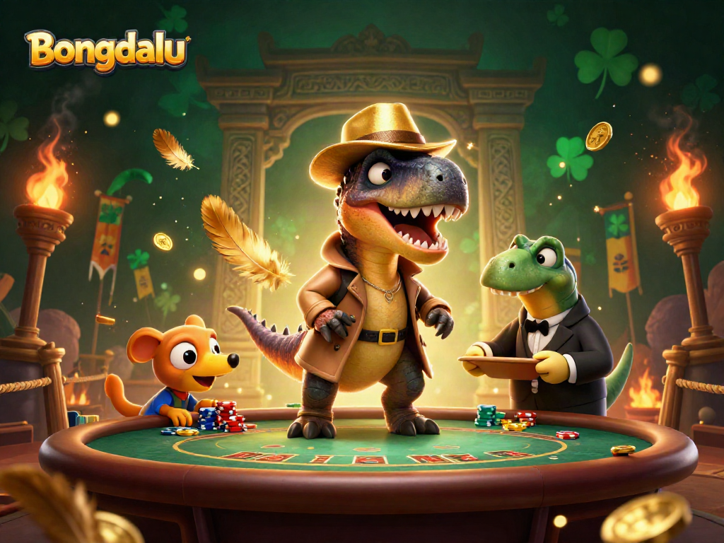 Bongdalu card counter comically tries to blend in at a blackjack table, surrounded by immersive gambling elements.