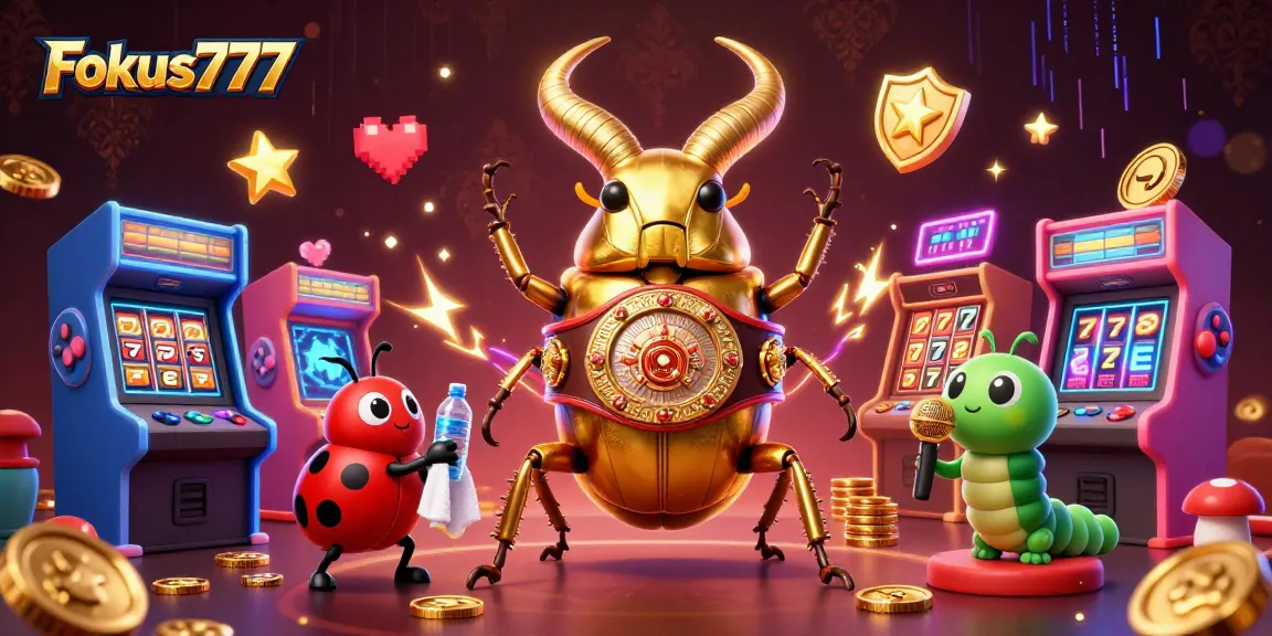 Experience thrilling gameplay with Fokus777 featuring giant beetles and arcade elements in this vibrant casino illustration.