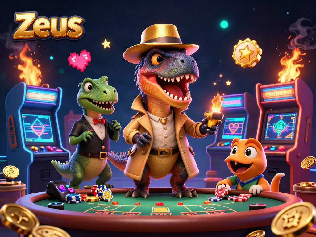 Zeus-themed 3D illustration depicting a velociraptor card counter at blackjack, surrounded by casino elements.