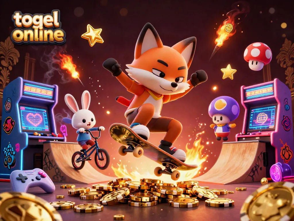 Menggandakan togel online dengan karakter unik: rubah skateboarder dan kelinci BMX di lingkungan kasino digital yang cerah.