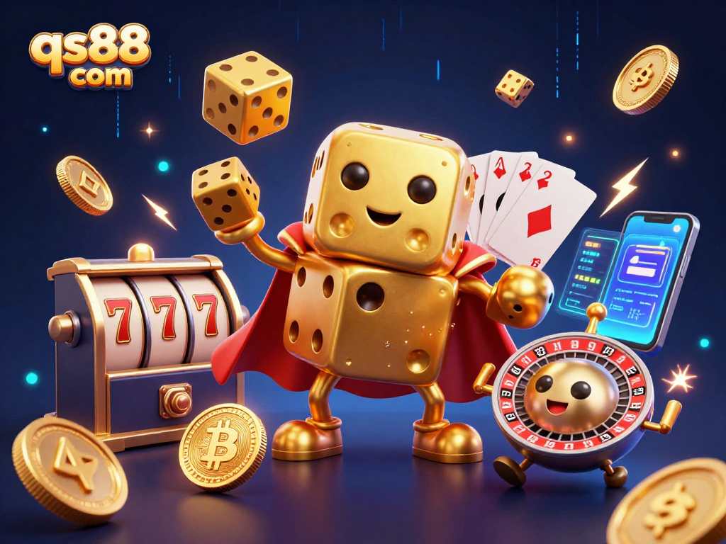 Engage with the qs88 com casino experience featuring a dynamic golden dice golem amid energetic gaming elements.