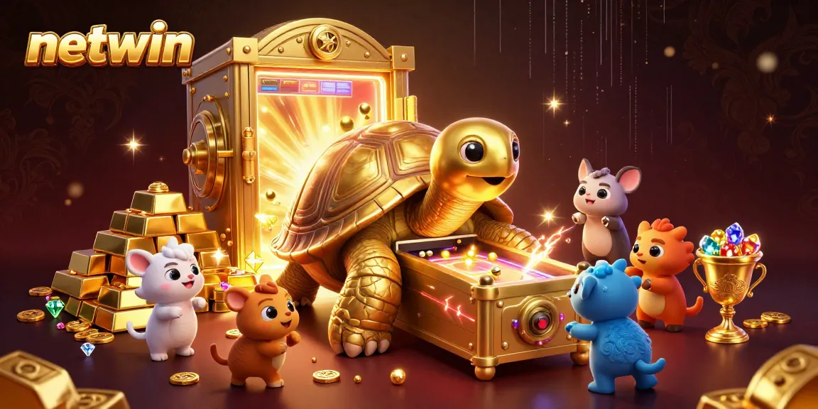 Spin the reels and win big at Netwin's dazzling gaming ecosystem featuring a golden tortoise and treasures.