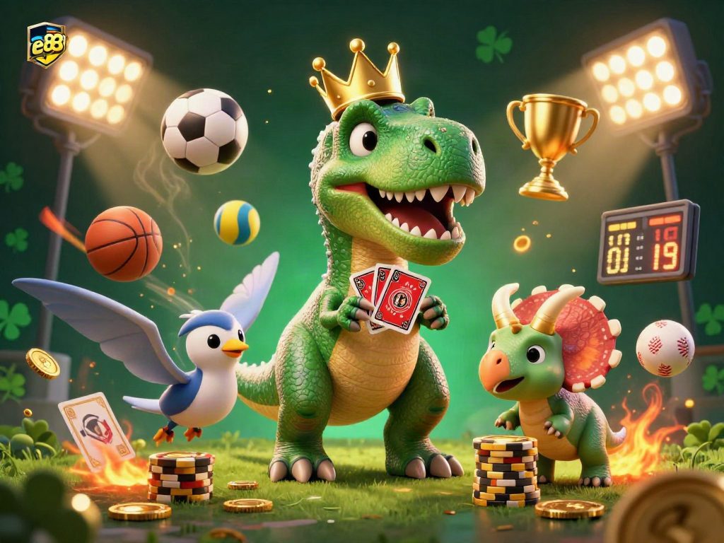 ea88 betting experience featuring a T-Rex shuffling cards as a pterodactyl assists, lively casino atmosphere.