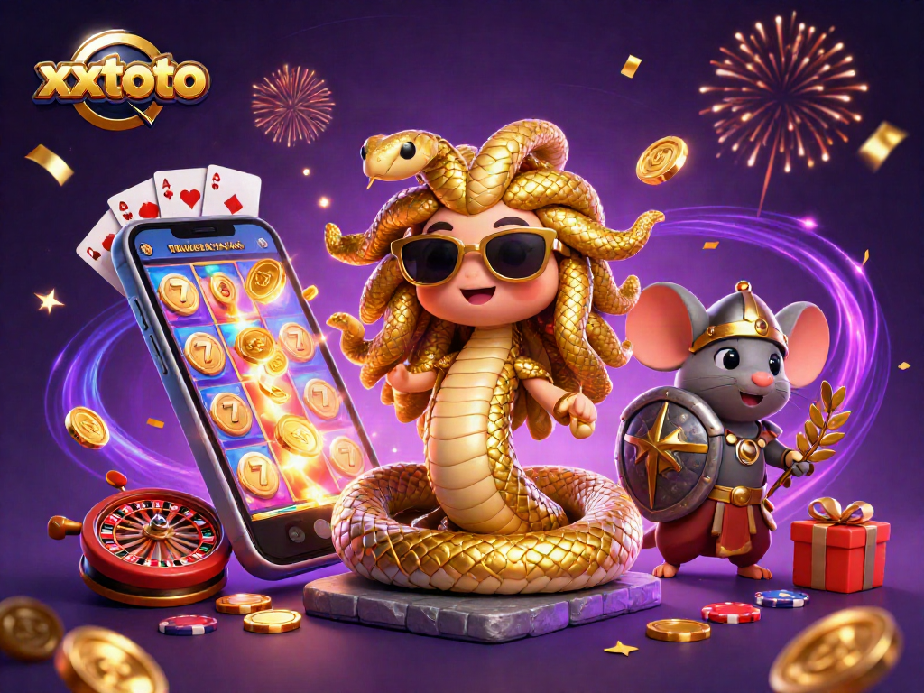 Menangkan hadiah besar di xxtoto dengan Medusa dan mouse pejuang dalam suasana kasino yang meriah.