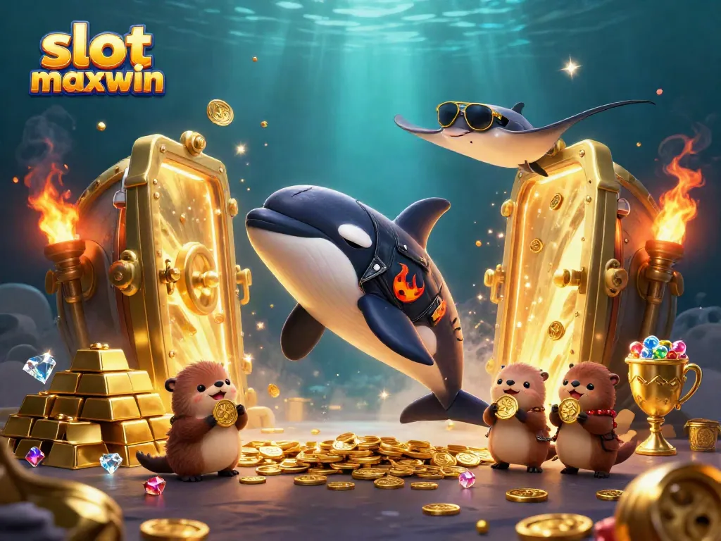 Experience the excitement of slot maxwin with vibrant characters and gold treasures in a casino-themed underwater scene.