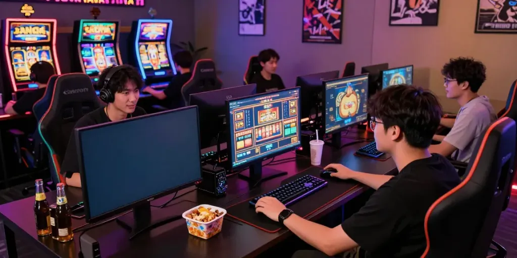 Engaging players in an electrifying slot gacor hari ini gaming session with colorful monitors and gaming accessories.
