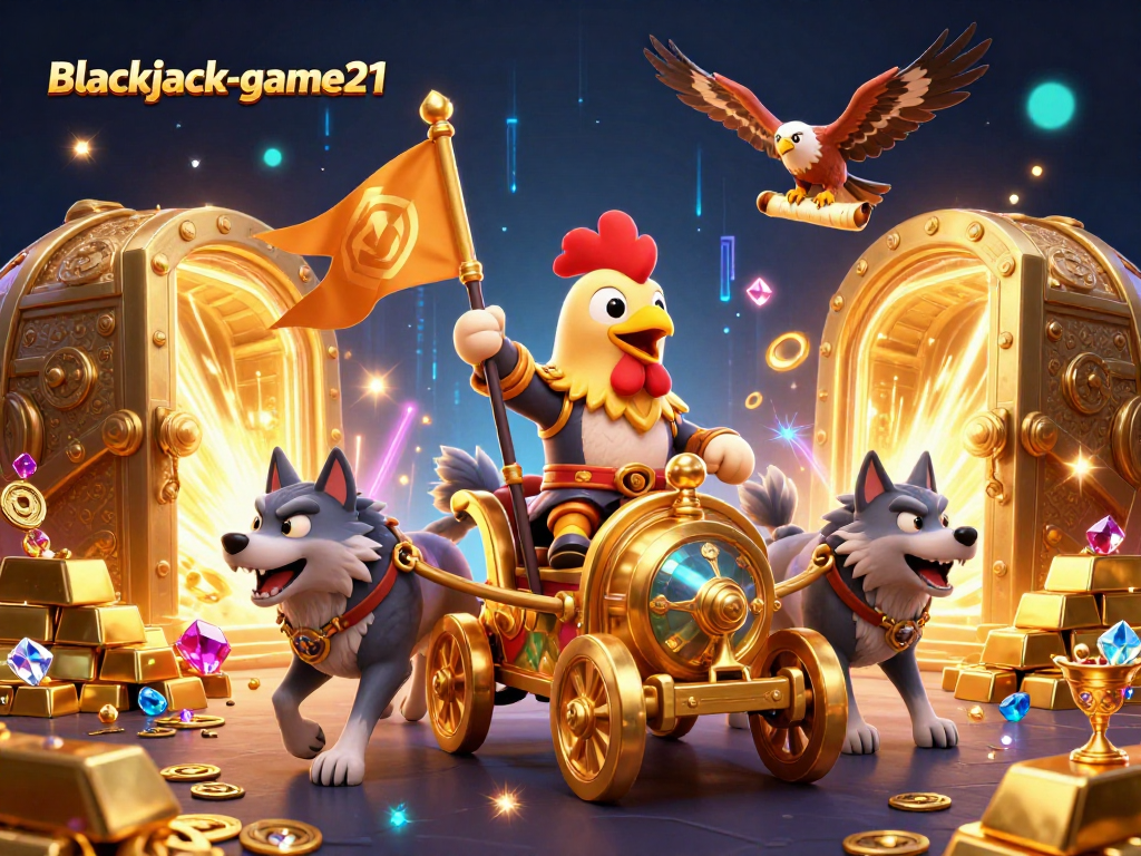 Experience the thrill of blackjack-game21 with a dynamic 3D illustration of gaming excitement and treasures.
