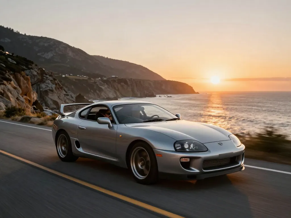 A Toyota Supra A80 driving along a picturesque coastal road, embodying the thrill of the A80 platform.