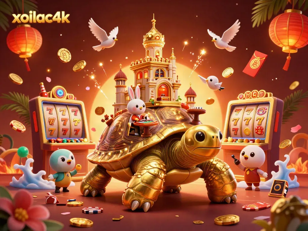 Experience the thrilling energy of xoilac4k with this vibrant casino scene featuring a golden tortoise and a dynamic rabbit dealer.