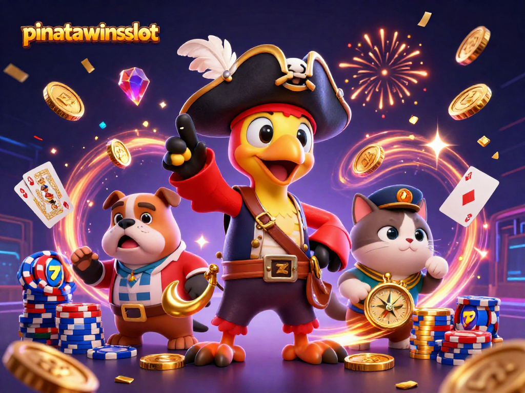 Experience exciting gameplay in pinatawinsslot with vibrant characters amidst cascading coins and slot reels.